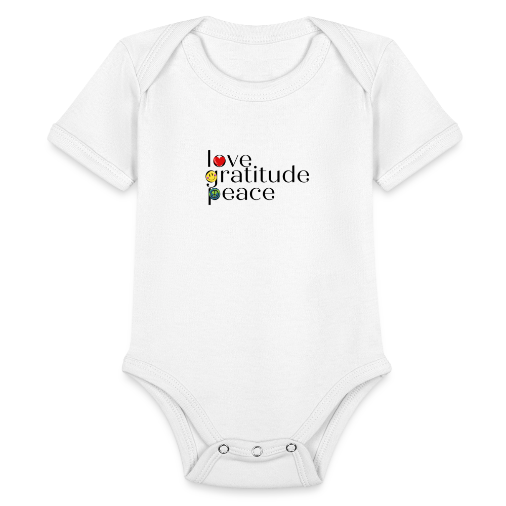 Organic Short Sleeve Love Gratitude Peace Baby Bodysuit - white