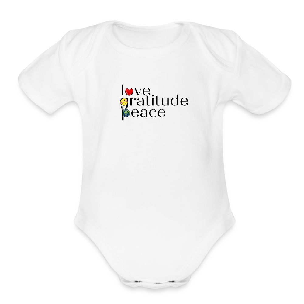Organic Short Sleeve Love Gratitude Peace Baby Bodysuit - white