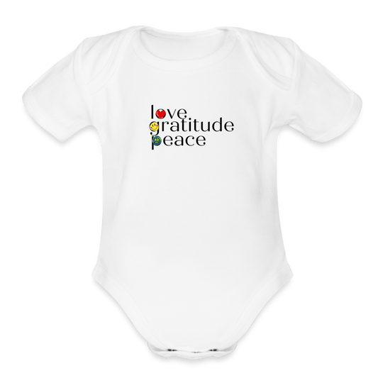Organic Short Sleeve Love Gratitude Peace Baby Bodysuit - white