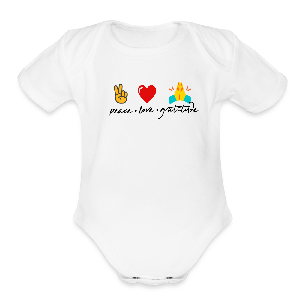 Peace Love Gratitude Organic Short Sleeve Baby Bodysuit - white