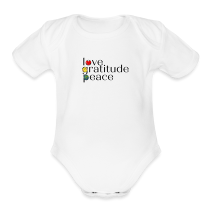 Organic Short Sleeve Love Gratitude Peace Baby Bodysuit - white